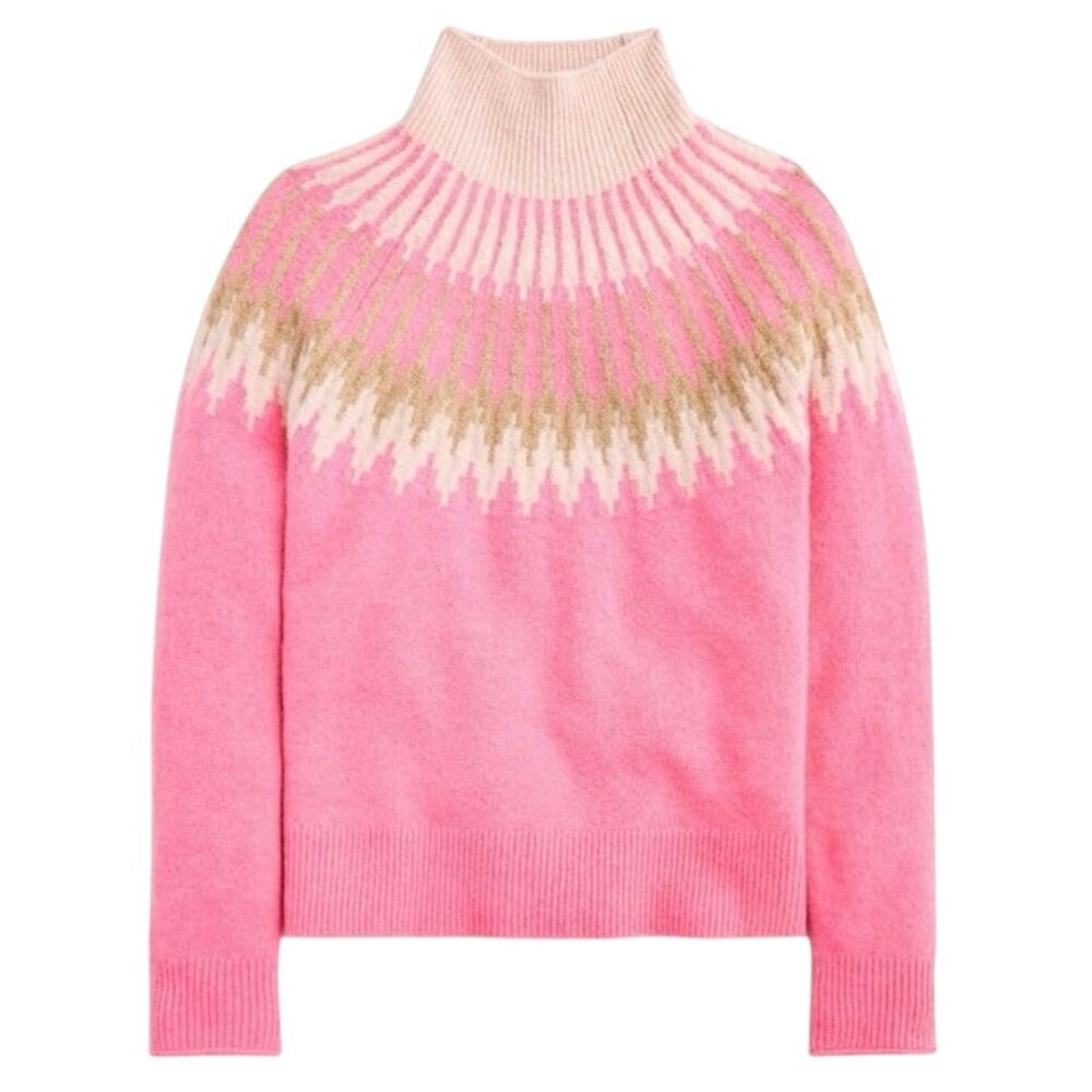 J.Crew Sz L Fair Isle Turtleneck Sweater In Supersoft Yarn Pink Tan Feminine